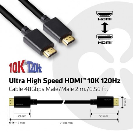 CLUB3D Ultra High Speed HDMI™2.1 Cable 10K 120Hz 48Gbps M/M 2 m./6.56 ft. (CAC-1372)