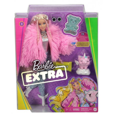 Barbie Extra Doll 3 in Pink Coat with Pet Unicorn-Pig (GRN28)