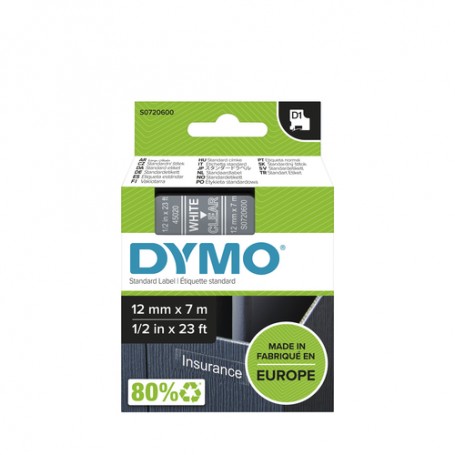 DYMO D1 - Standard Etichette - Bianco su trasparente - 12mm x 7m (S0720600A)