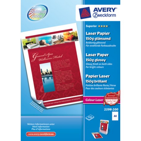 Avery Superior Colour Laser, A4, 150g carta inkjet A4 (210x297 mm) Lucida 200 fogli Bianco (2598-200)