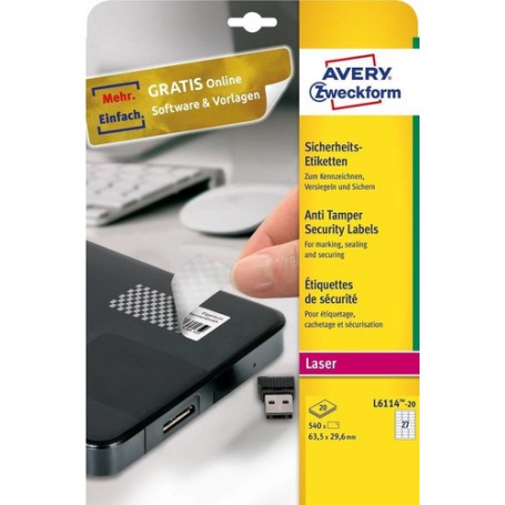 Avery L6114-20 etichetta autoadesiva Rettangolo con angoli arrotondati Permanente Bianco 540 pz (L6114-20)