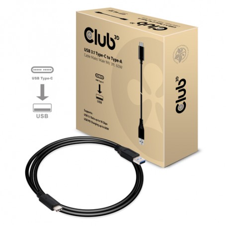 CLUB3D USB 3.1 Type-C to Type-A Cable 10Gbps PD 60W M/M 1m/3.28ft (CAC-1523)