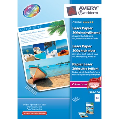 Avery Premium Colour Laser, A4, 200g carta inkjet A4 (210x297 mm) Lucida 200 fogli Bianco (1398-200)