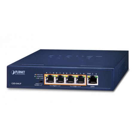 PLANET 2-Port 10/100/1000T 802.3bt Non gestito Gigabit Ethernet (10/100/1000) Supporto Power over Ethernet (PoE) Blu (GSD-504UP)