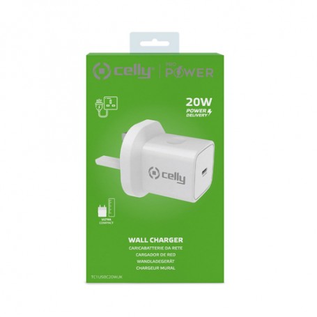Celly TC1USBC20WUK Caricabatterie per dispositivi mobili Bianco Interno (TC1USBC20WUK)