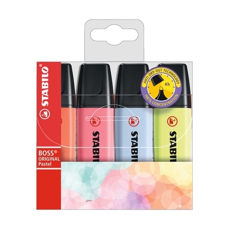 STABILO Evidenziatore - BOSS ORIGINAL Pastel - Astuccio da 4 - Rosso Corallo, Fior di Ciliegio, Azzurro Nuvola, Lime (70/4-3)