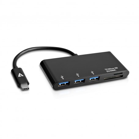 V7 Adaptador USB negro con conector USB-C macho a 3 hembras: USB 3.0 A Micro SD SD/MMC (V7UC3U-HUB-BLK-1E)