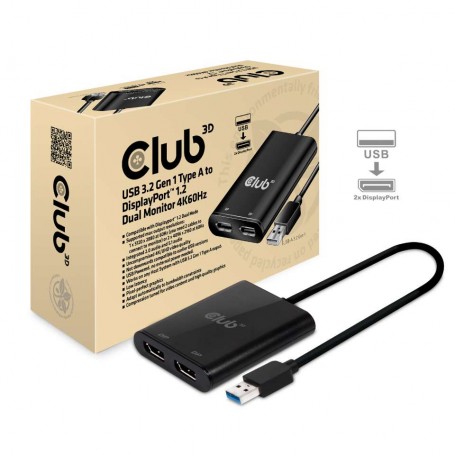 CLUB3D USB3.2 Gen1 Type A to DisplayPort™1.2 Dual Monitor 4K60Hz Video Splitter (CSV-1477)