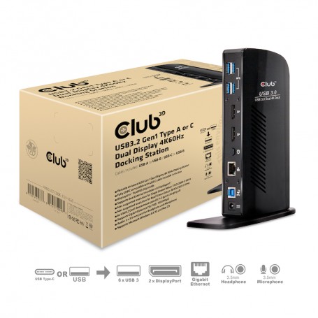 CLUB3D USB3.2 Gen1 Type A or C Dual Display 4K60Hz Docking Station DisplayLink® Certified (CSV-1460)