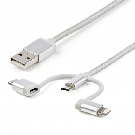 StarTech.com Cavo di ricarica multiplo USB da 1m - Adattatore da USB a Micro-USB o USB-C o Lightning per iPhone / iP (LTCUB1MGR)