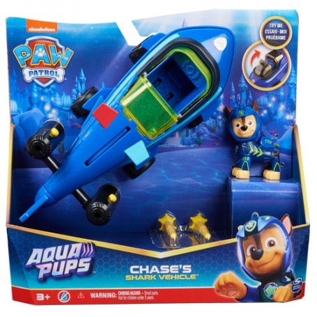 PAW Patrol Aqua Pups, Shark Vehicle trasformabile di Chase con action figure da collezione, giocattoli per bambini dai 3 anni in