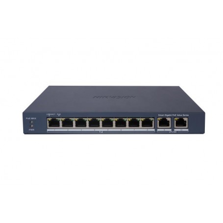 HIKVISION SWITCH L2, SMART MANAGED, 8 GIGABIT RJ45 POE PORTS, 2 GIGABIT RJ45 PORT, 802.3AF/AT, POE P