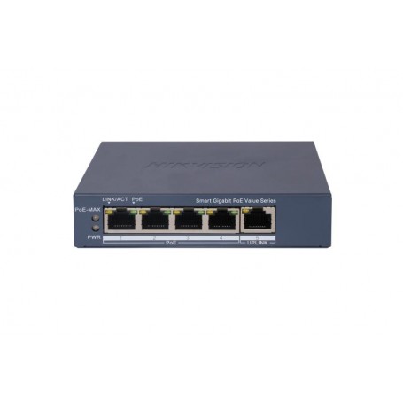 HIKVISION SWITCH L2, SMART MANAGED, 4 GIGABIT RJ45 POE PORTS, 1 GIGABIT RJ45 PORT, 802.3AF/AT, POE P