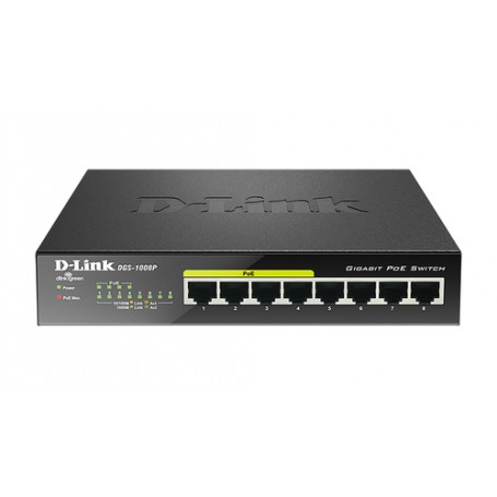 D-Link DGS-1008P switch di rete Non gestito Gigabit Ethernet (10/100/1000) Supporto Power over Ethernet (PoE) Nero (DGS-1008P/E)