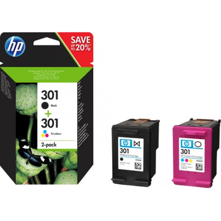 HP 301 2-pack Black/Tri-color Original Ink Cartridges cartuccia d'inchiostro 2 pz Originale Resa standard Nero, Ciano, (N9J72AE)
