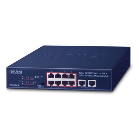 PLANET FSD-1008HP switch di rete Non gestito Fast Ethernet (10/100) Supporto Power over Ethernet (PoE) 1U Blu (FSD-1008HP)