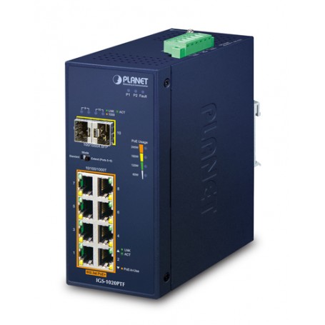 PLANET IP30 Ind 8-P 10/100/1000T Non gestito Gigabit Ethernet (10/100/1000) Supporto Power over Ethernet (PoE) Blu (IGS-1020PTF)